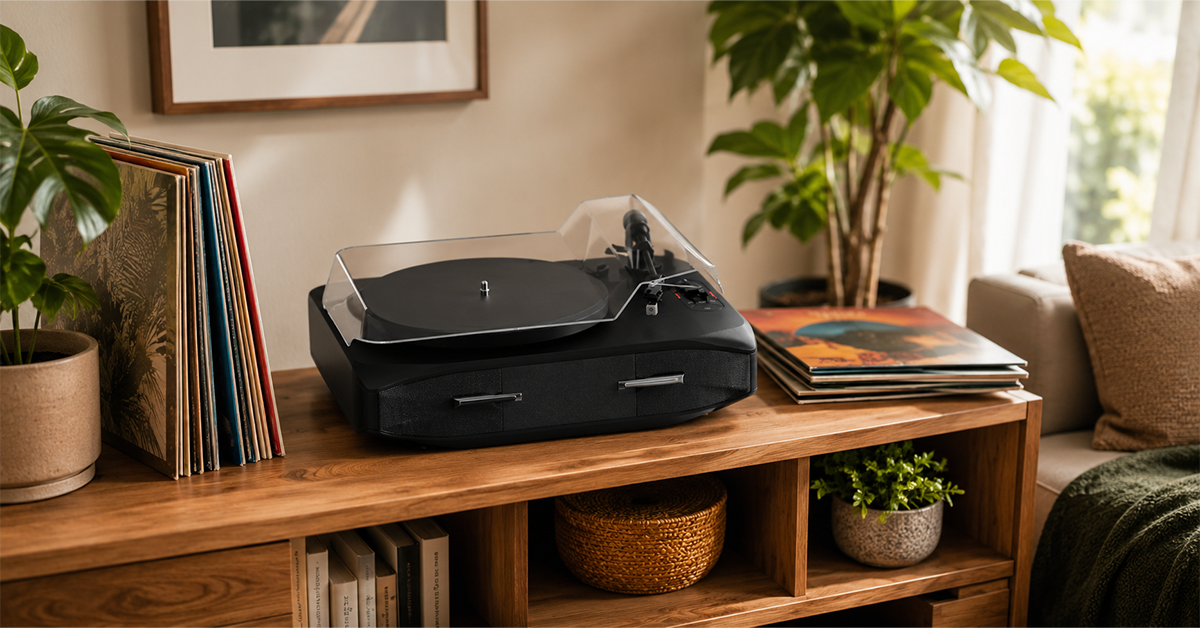 Beginner-friendly Steepletone Mayfair record player on a wooden sideboard in a warm modern living room