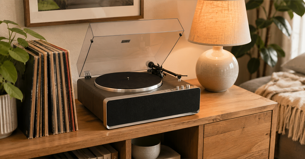 Steepletone Richmond compact record player on a wooden sideboard in a warm modern living room