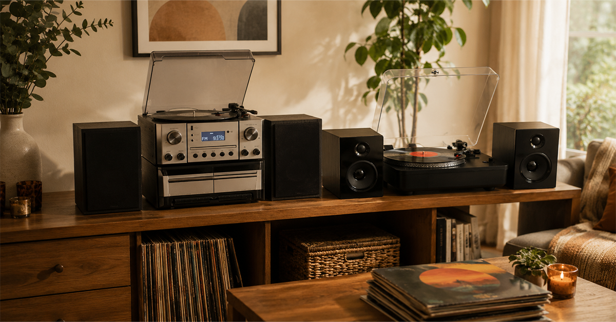 Turntable and record player side by side in a warm modern living room