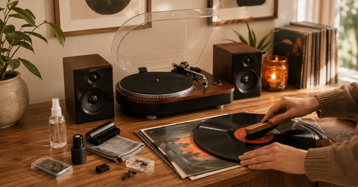 Vinyl record care setup with Camden record player, cleaning brush and stylus accessories in a warm modern living room